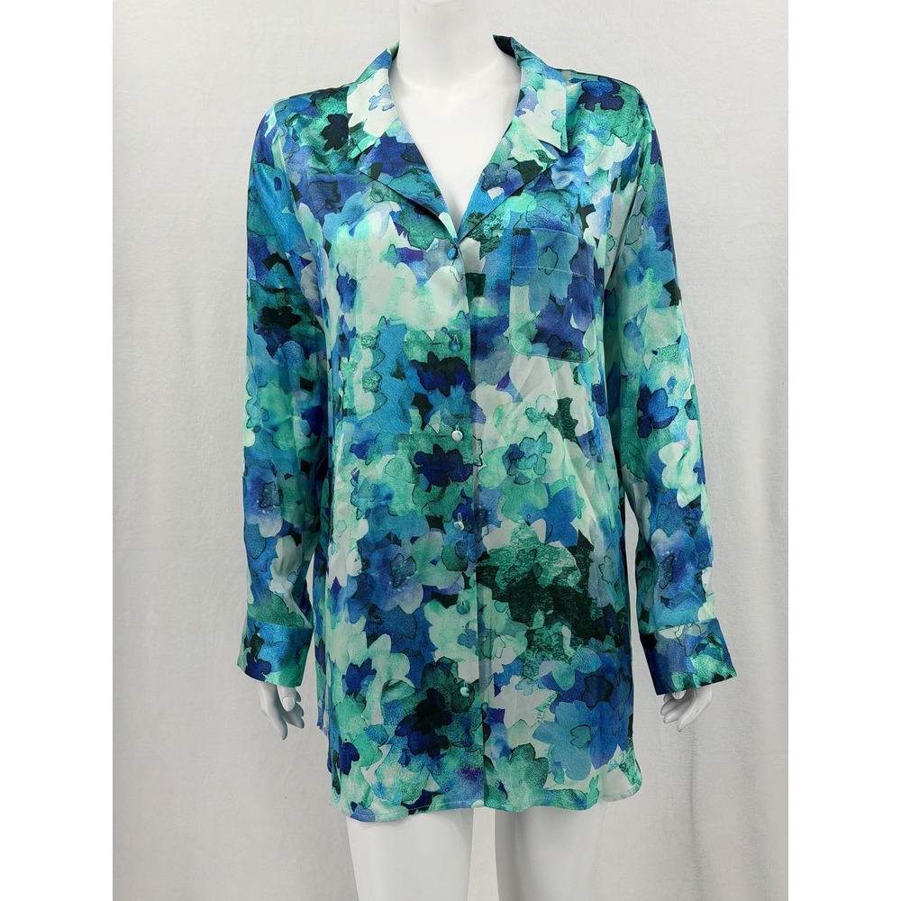 Soft Surroundings Top Womens XL Blue Green Abstract Silk Floral Tunic Button Up